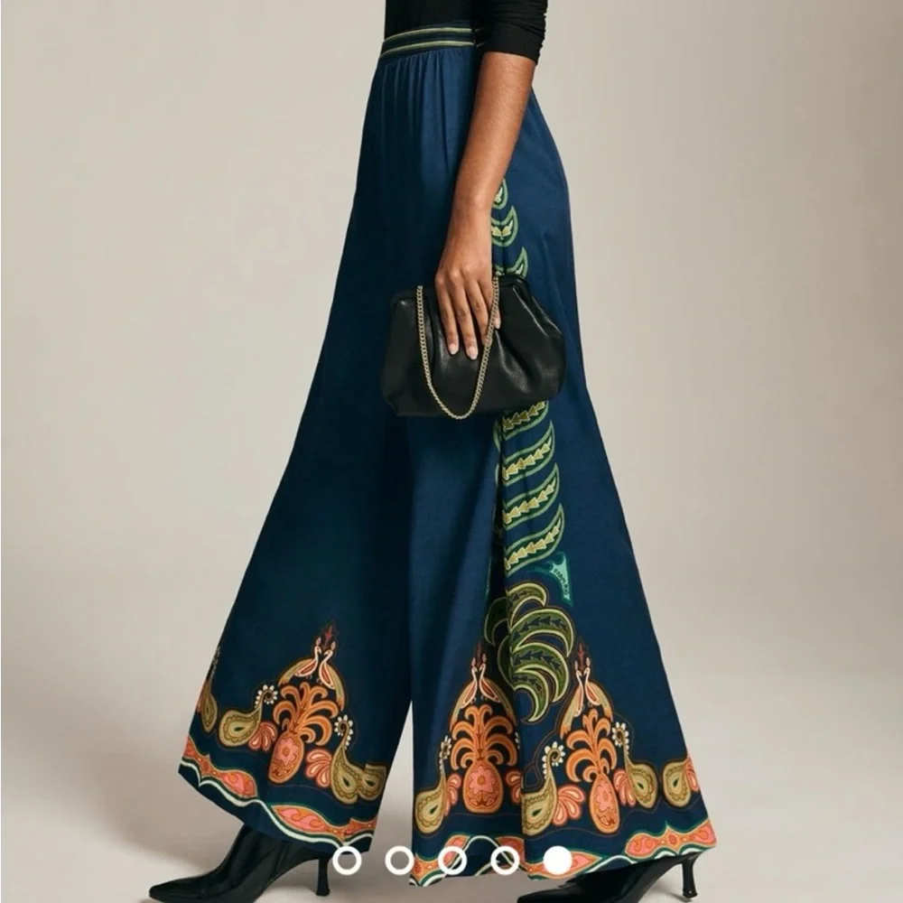154 Farm Rio for Anthropologie Navy Blue Wide Leg Pants - Size L - Picture 2 of 8